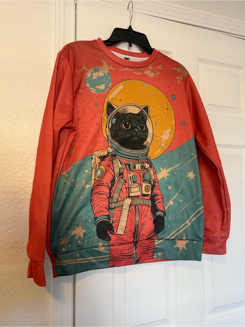 Retro Space Cat Graphic Sweatshirt - Coral & Teal